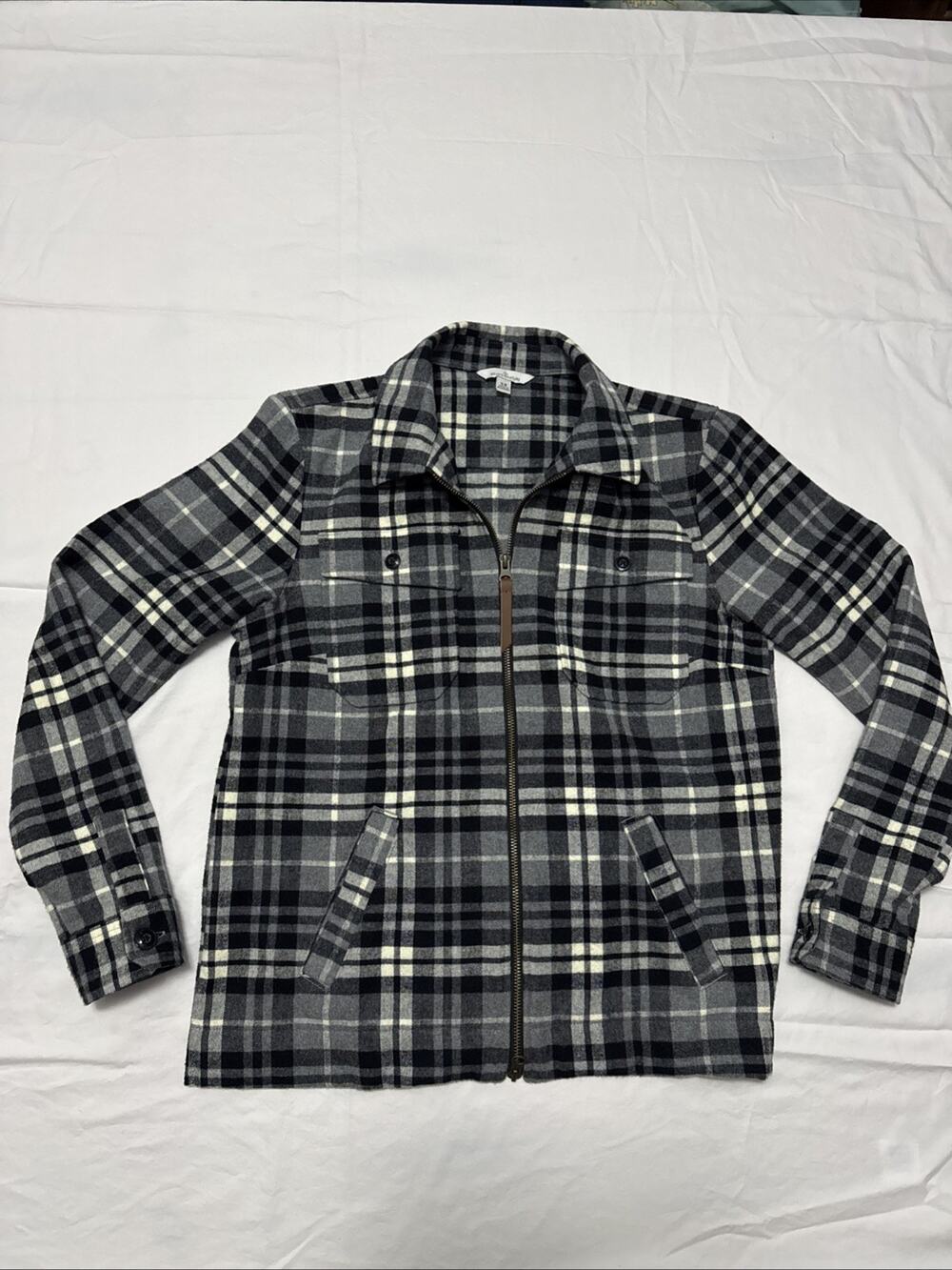 Ladies LL Bean Signature Zip Black & White Flannel Plaid Jacket Size S R